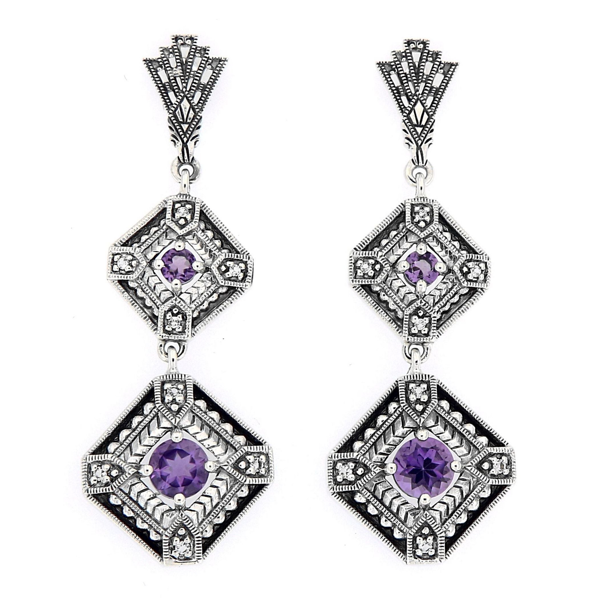 Art Deco two-tiered earrings, amethyst rounds in filigree diamond frames, diamond accents, fan-shaped post, sterling silver