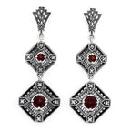 Art Deco two-tiered dangle earrings, red garnet rounds in diamond filigree frames, diamond accents, fan post, sterling silver