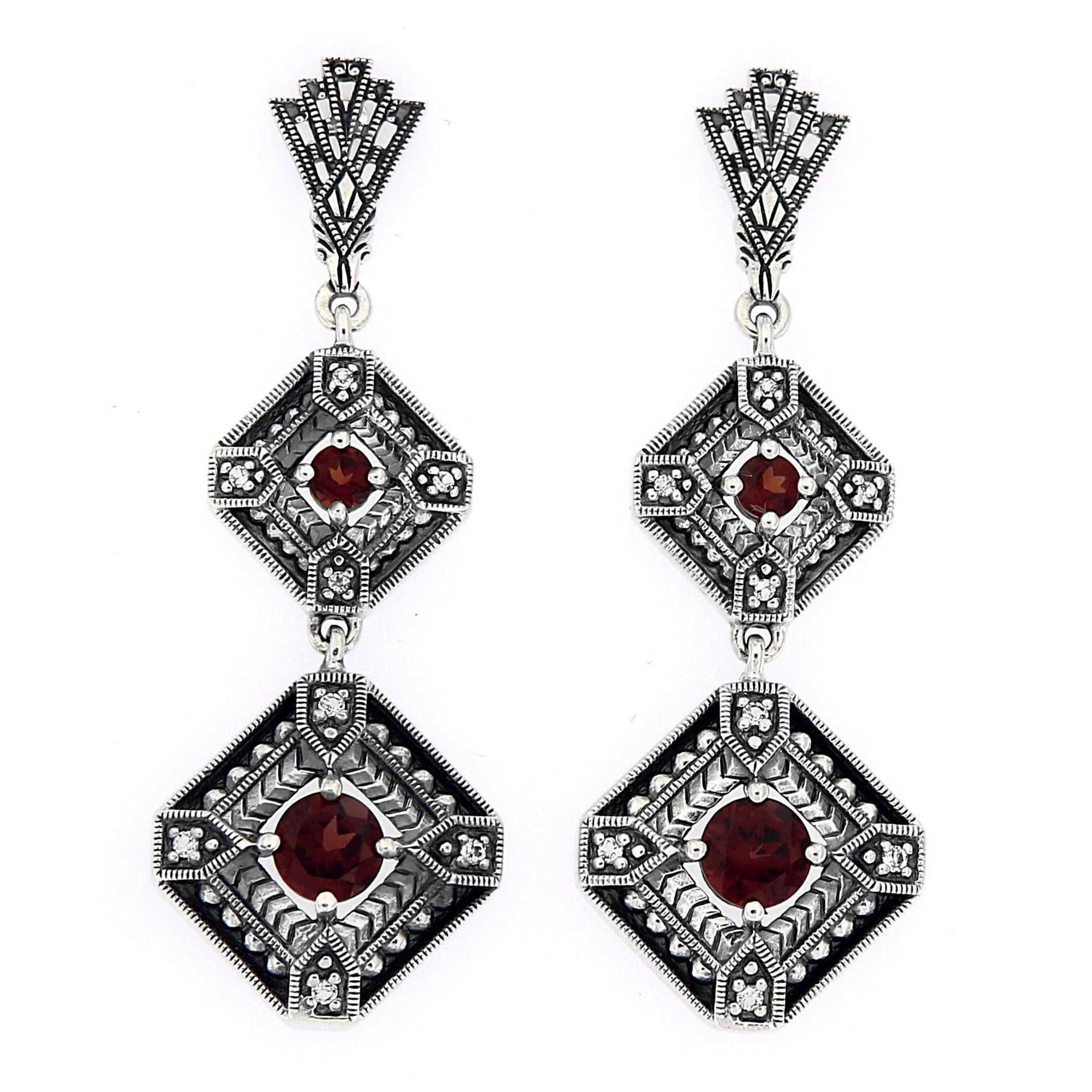 Art Deco two-tiered dangle earrings, red garnet rounds in diamond filigree frames, diamond accents, fan post, sterling silver