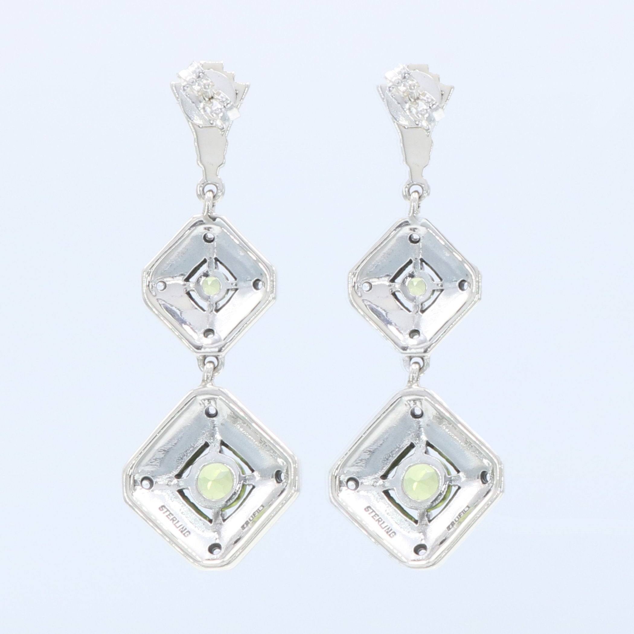 Back view of Art Deco Style Peridot Two Tiered Earrings showing 925 sterling silver hallmark and French wire hooks