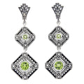Art Deco two-tiered dangle earrings, peridot rounds in diamond filigree frames, diamond accents, fan post, sterling silver