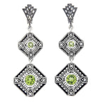 Art Deco two-tiered dangle earrings, peridot rounds in diamond filigree frames, diamond accents, fan post, sterling silver