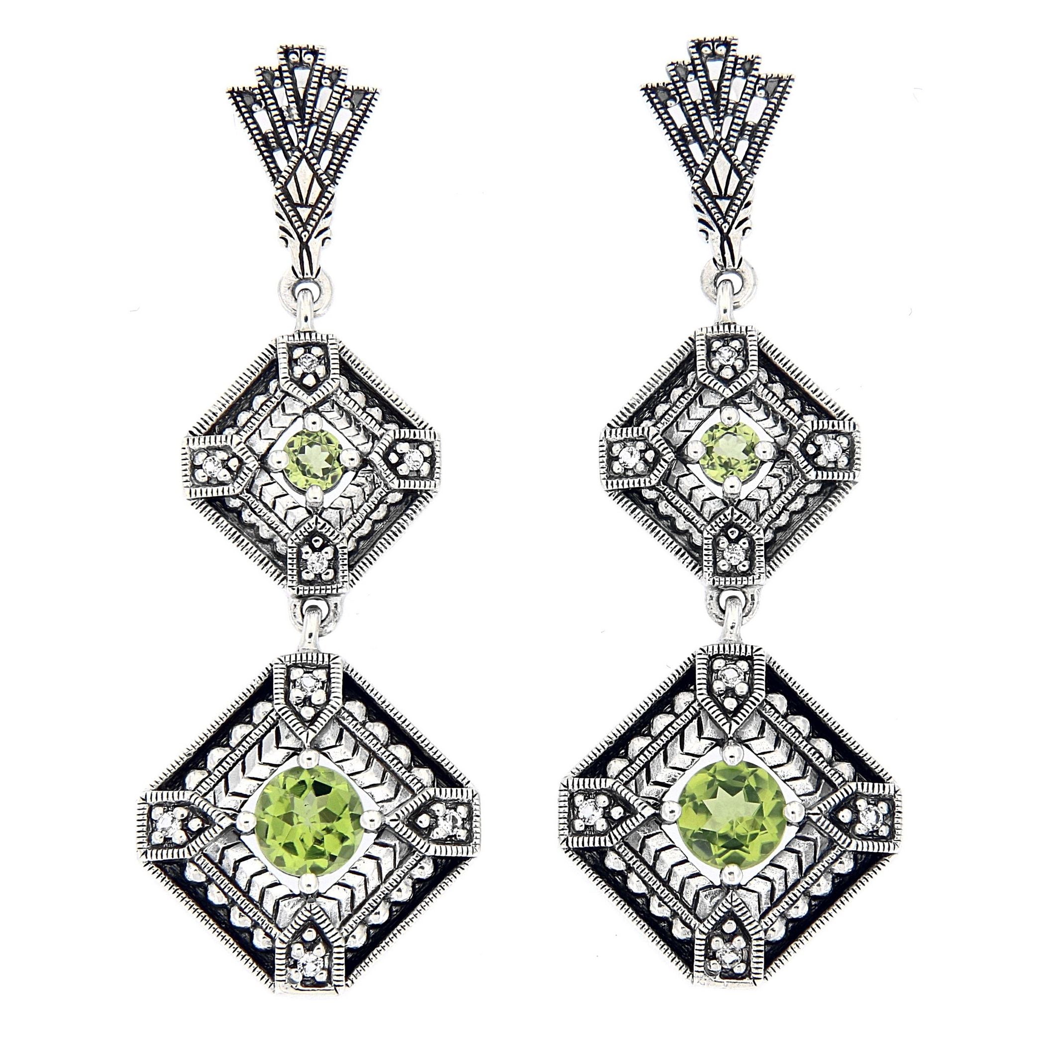 Art Deco two-tiered dangle earrings, peridot rounds in diamond filigree frames, diamond accents, fan post, sterling silver