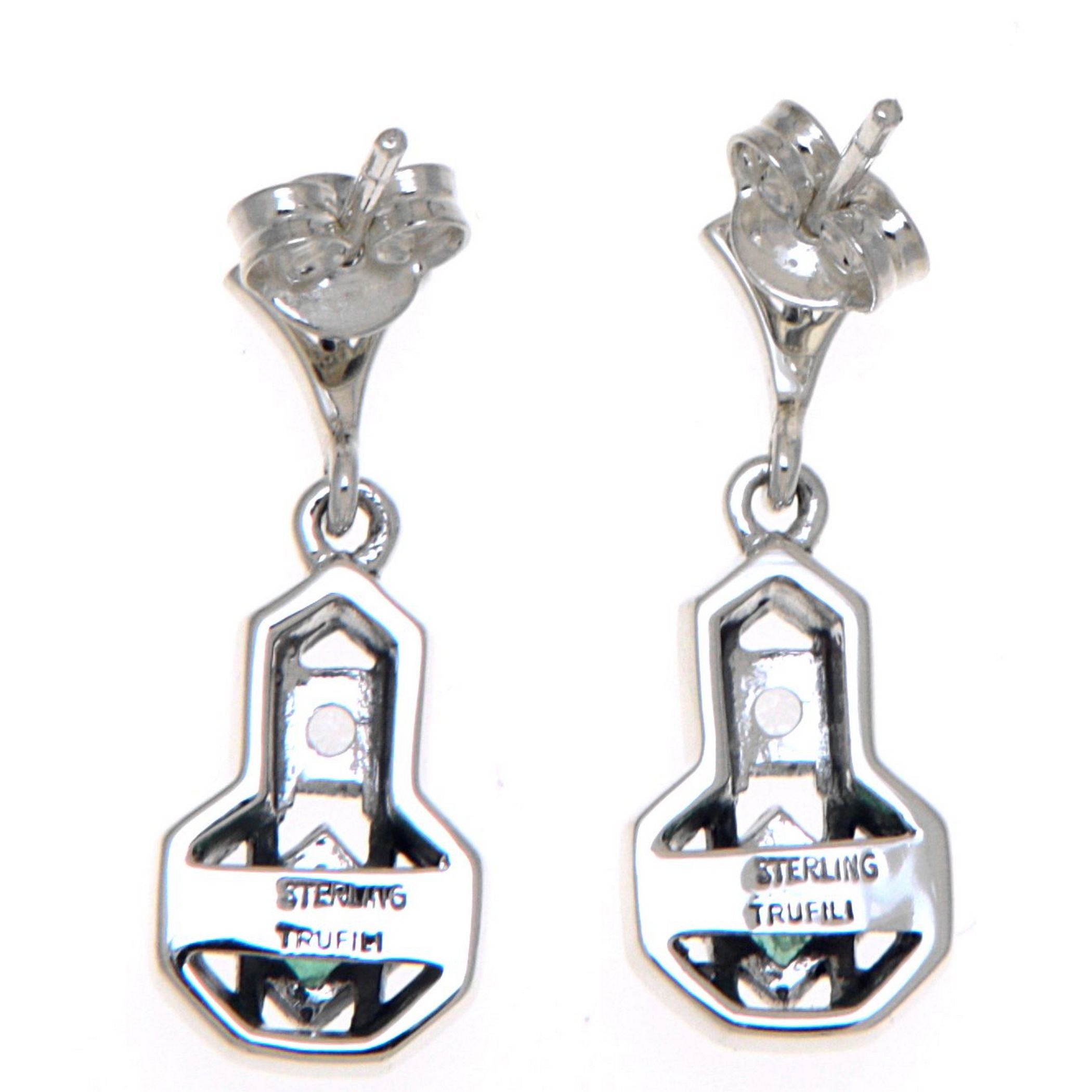 Back view of Art Deco Style Emerald and White Topaz Filigree Earrings showing 925 sterling silver hallmark and French wire hooks
