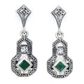 Art Deco dangle earrings, emerald and white topaz in gourd filigree frame with marcasite, diamond post, sterling silver