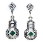 Art Deco dangle earrings, emerald and white topaz in gourd filigree frame with marcasite, diamond post, sterling silver