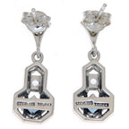 Back view of Art Deco Style Ruby and White Topaz Filigree Earrings showing 925 sterling silver hallmark and French wire hooks