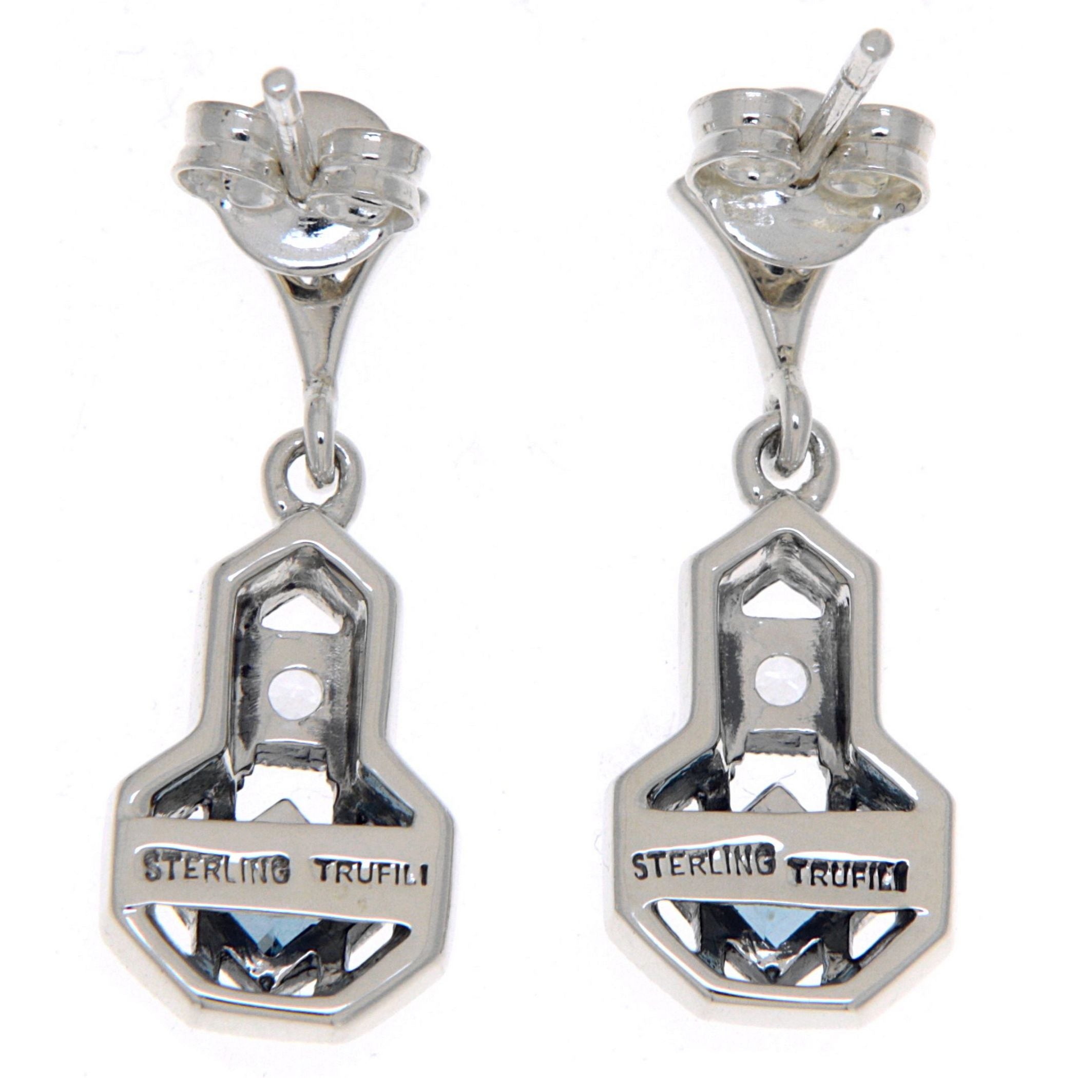 Back view of Art Deco Style Ruby and White Topaz Filigree Earrings showing 925 sterling silver hallmark and French wire hooks