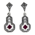Art Deco dangle earrings, ruby and white topaz in gourd filigree frame with marcasite details, diamond post, sterling silver