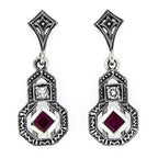 Art Deco dangle earrings, ruby and white topaz in gourd filigree frame with marcasite details, diamond post, sterling silver