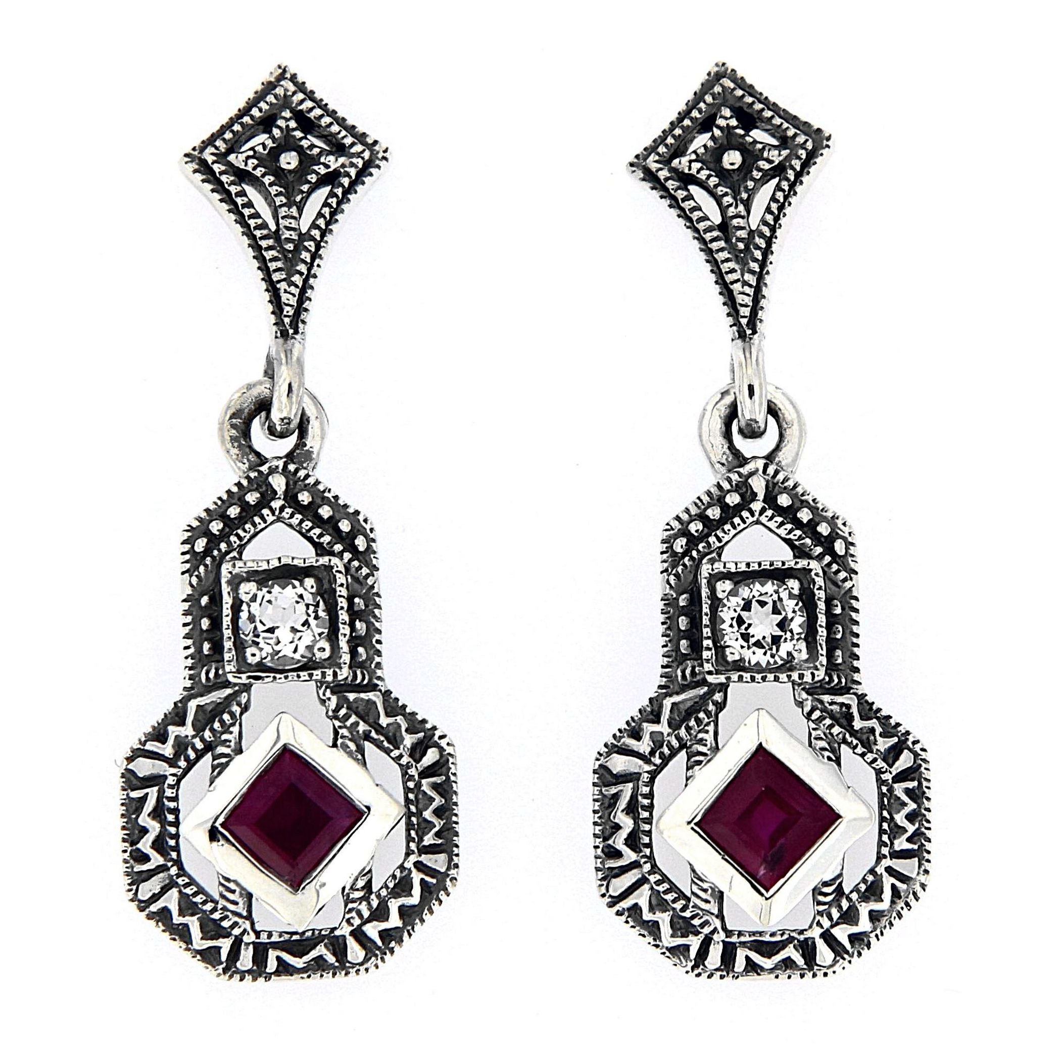 Art Deco dangle earrings, ruby and white topaz in gourd filigree frame with marcasite details, diamond post, sterling silver