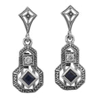 Art Deco dangle earrings, sapphire and white topaz in oxidized filigree frame, marcasite, diamond stud post, sterling silver
