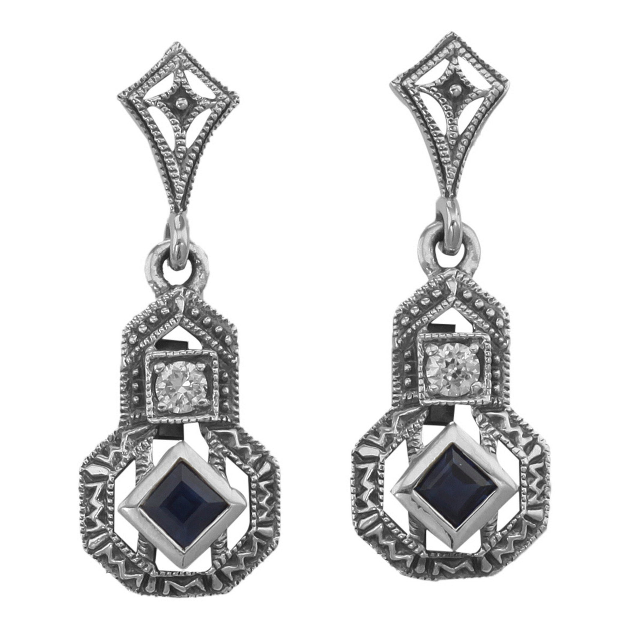 Art Deco dangle earrings, sapphire and white topaz in oxidized filigree frame, marcasite, diamond stud post, sterling silver
