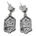 Back view of Art Deco London Blue Topaz and White Topaz Filigree Earrings showing 925 sterling silver hallmark and French wire hooks