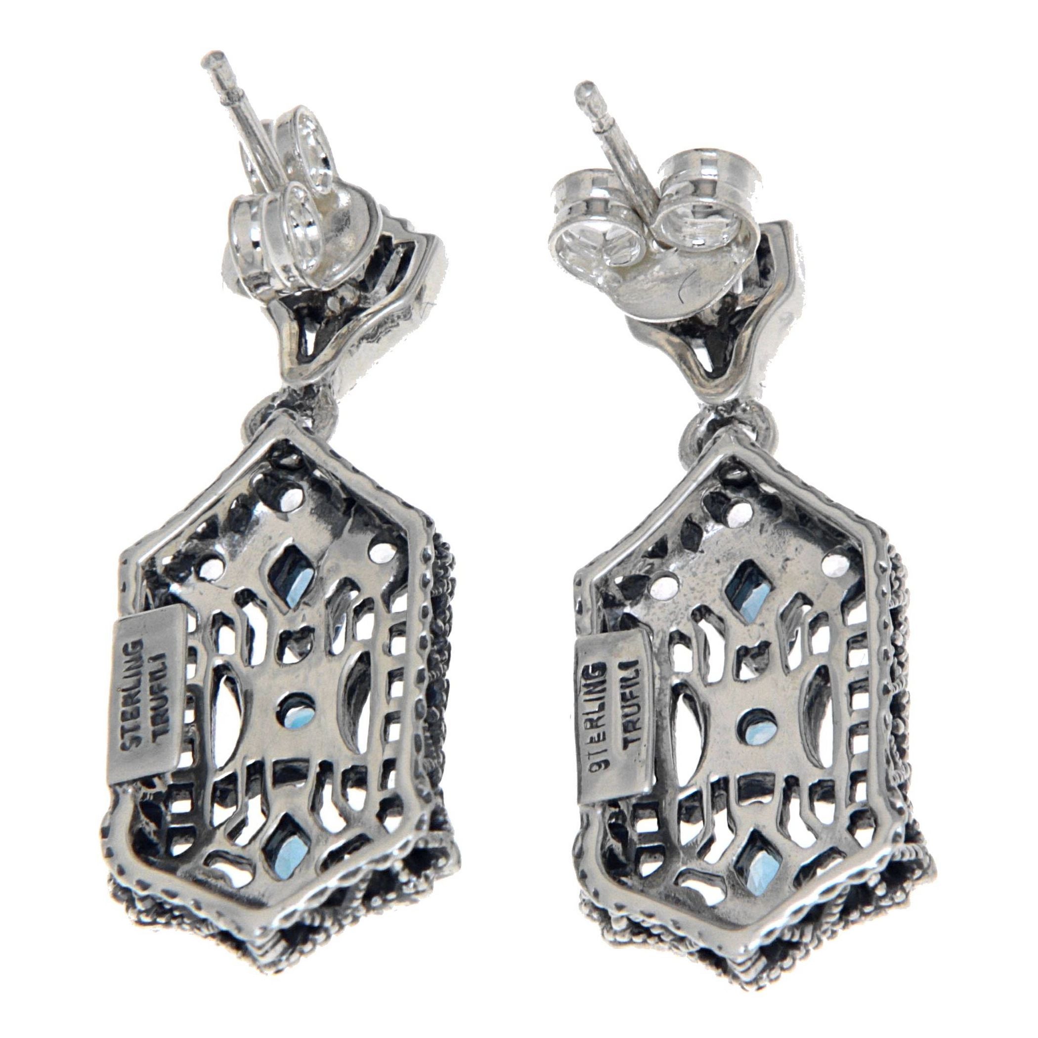 Back view of Art Deco London Blue Topaz and White Topaz Filigree Earrings showing 925 sterling silver hallmark and French wire hooks