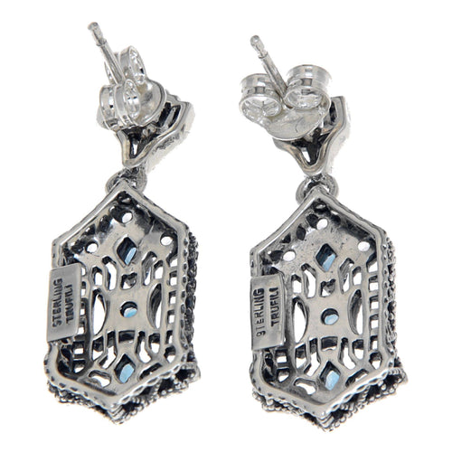 Back view of Art Deco London Blue Topaz and White Topaz Filigree Earrings showing 925 sterling silver hallmark and French wire hooks