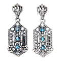 Art Deco elongated earrings, London blue topaz and white topaz in hexagonal filigree frame, crown post stud, sterling silver