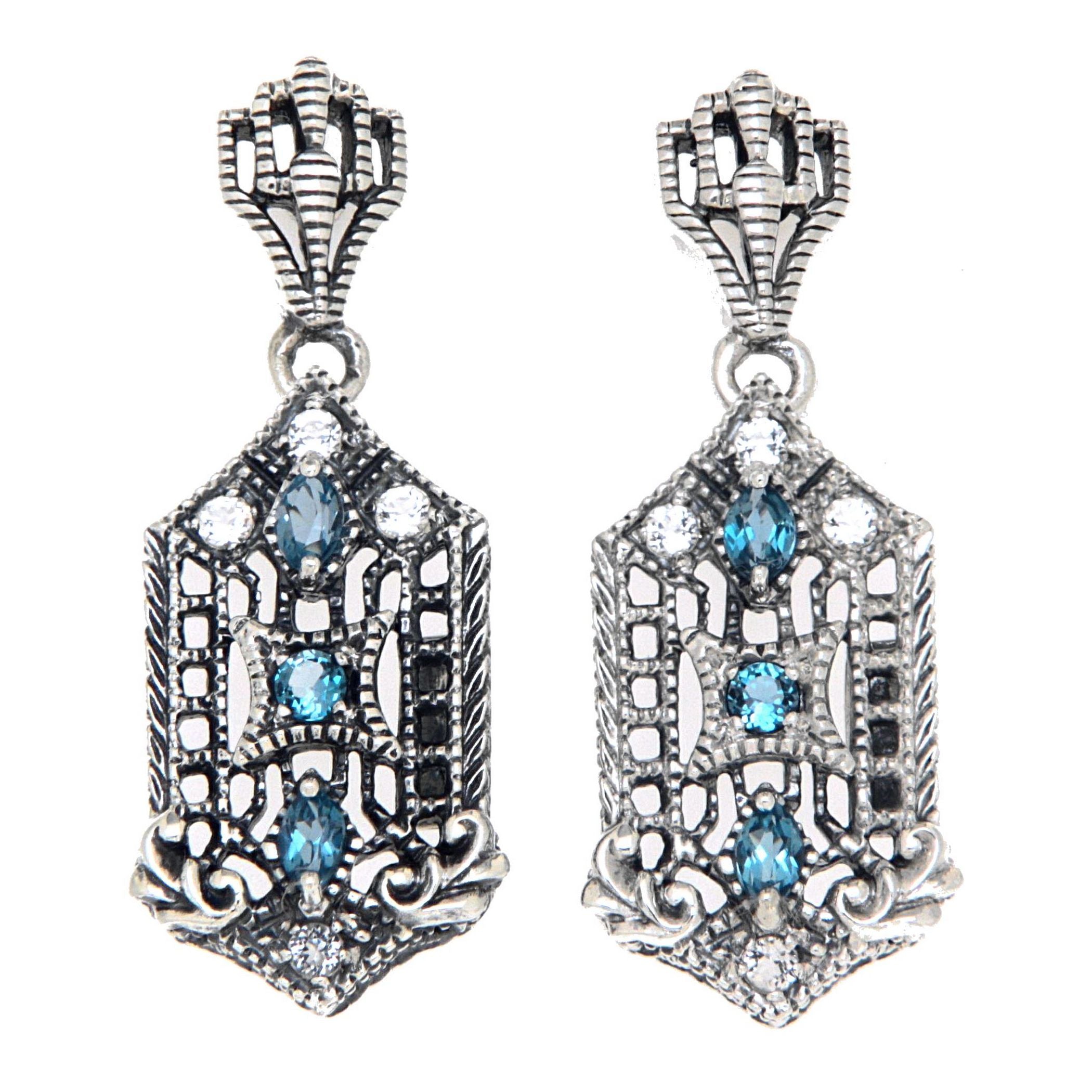 Art Deco elongated earrings, London blue topaz and white topaz in hexagonal filigree frame, crown post stud, sterling silver