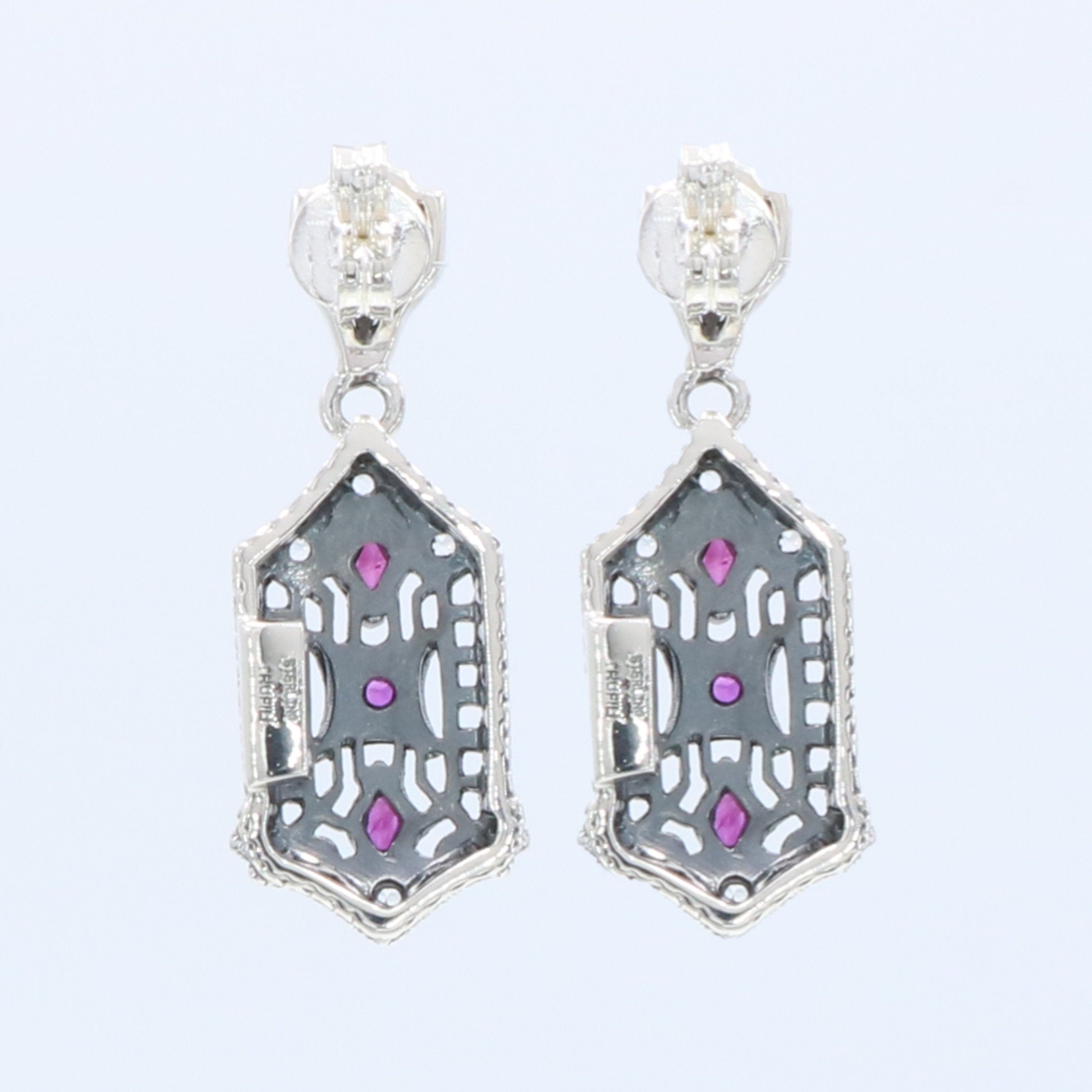 Back view of Art Deco Genuine Ruby and White Topaz Filigree Earrings showing 925 sterling silver hallmark and French wire hooks