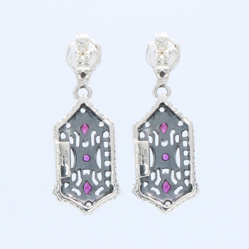 Back view of Art Deco Genuine Ruby and White Topaz Filigree Earrings showing 925 sterling silver hallmark and French wire hooks