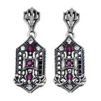 Art Deco elongated earrings, ruby and white topaz in hexagonal filigree frame, crown post stud, sterling silver