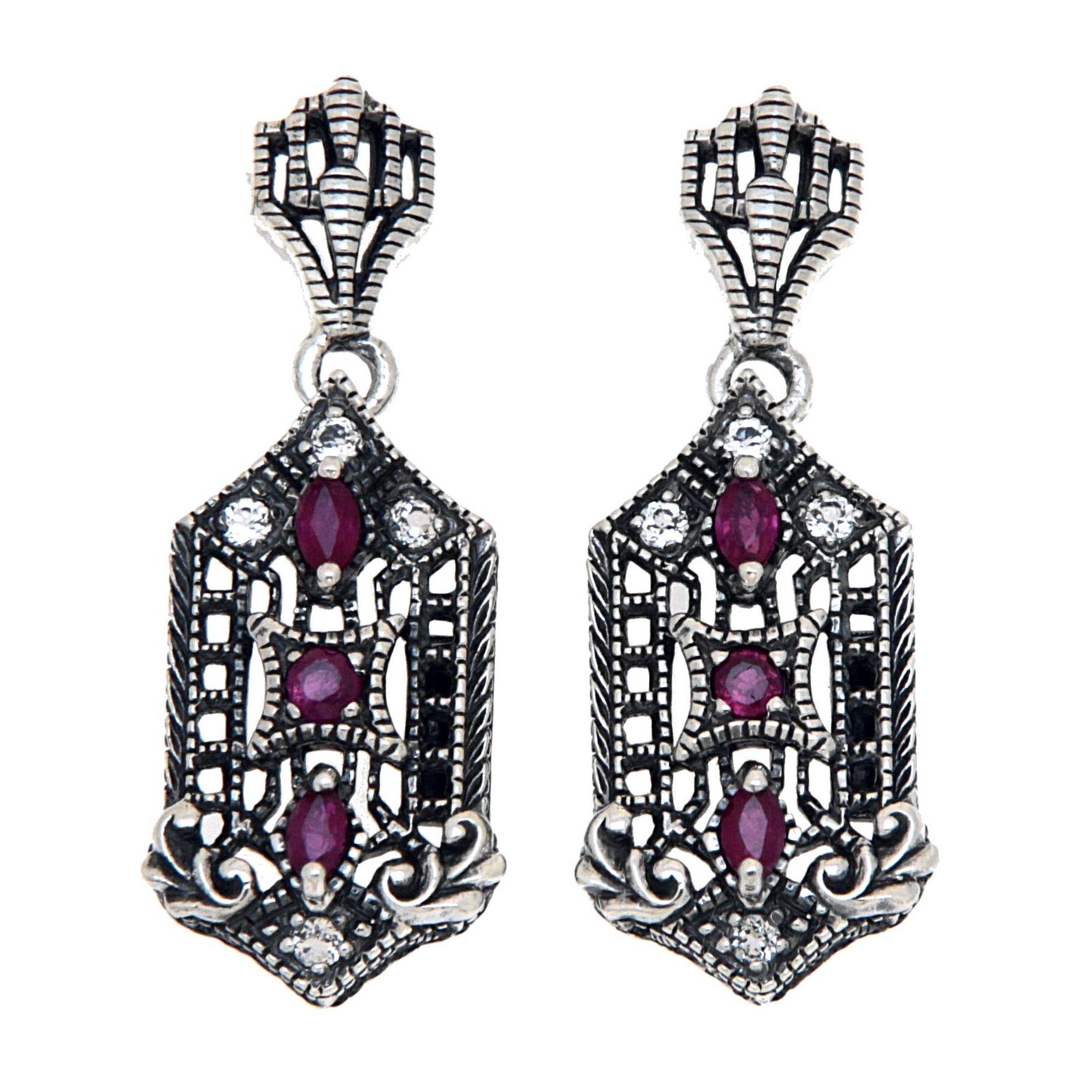 Art Deco elongated earrings, ruby and white topaz in hexagonal filigree frame, crown post stud, sterling silver