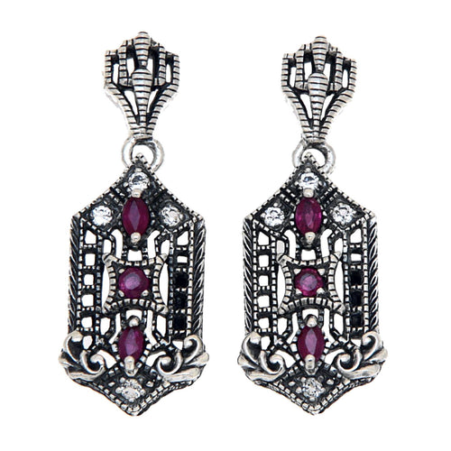 Art Deco elongated earrings, ruby and white topaz in hexagonal filigree frame, crown post stud, sterling silver