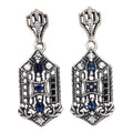 Art Deco elongated earrings, sapphire and white topaz in hexagonal filigree frame, crown post stud, sterling silver