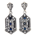 Art Deco elongated earrings, sapphire and white topaz in hexagonal filigree frame, crown post stud, sterling silver
