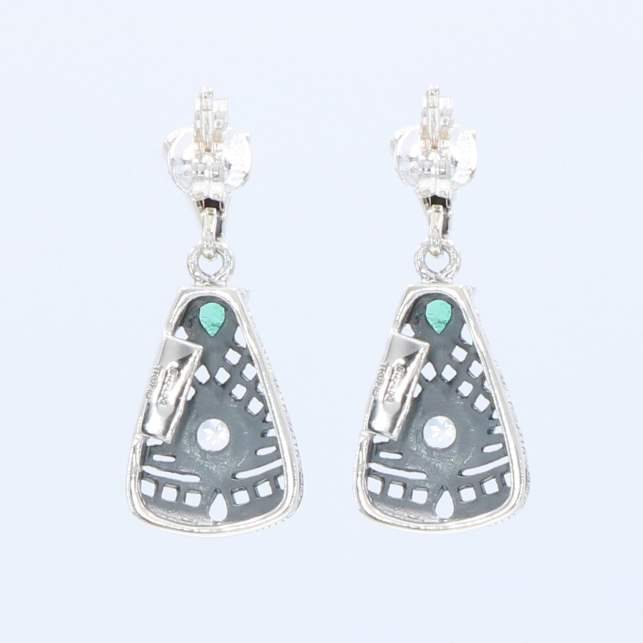 Back view of Art Deco Emerald and White Topaz Filigree Earrings showing 925 sterling silver hallmark and French wire hooks