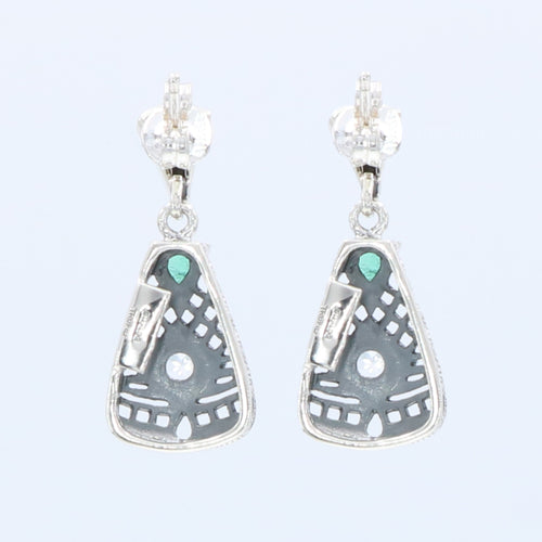 Back view of Art Deco Emerald and White Topaz Filigree Earrings showing 925 sterling silver hallmark and French wire hooks
