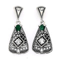 Art Deco trapezoid earrings, pear-cut emerald and white topaz in open filigree lattice, oxidized silver, triangle post