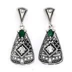 Art Deco trapezoid earrings, pear-cut emerald and white topaz in open filigree lattice, oxidized silver, triangle post