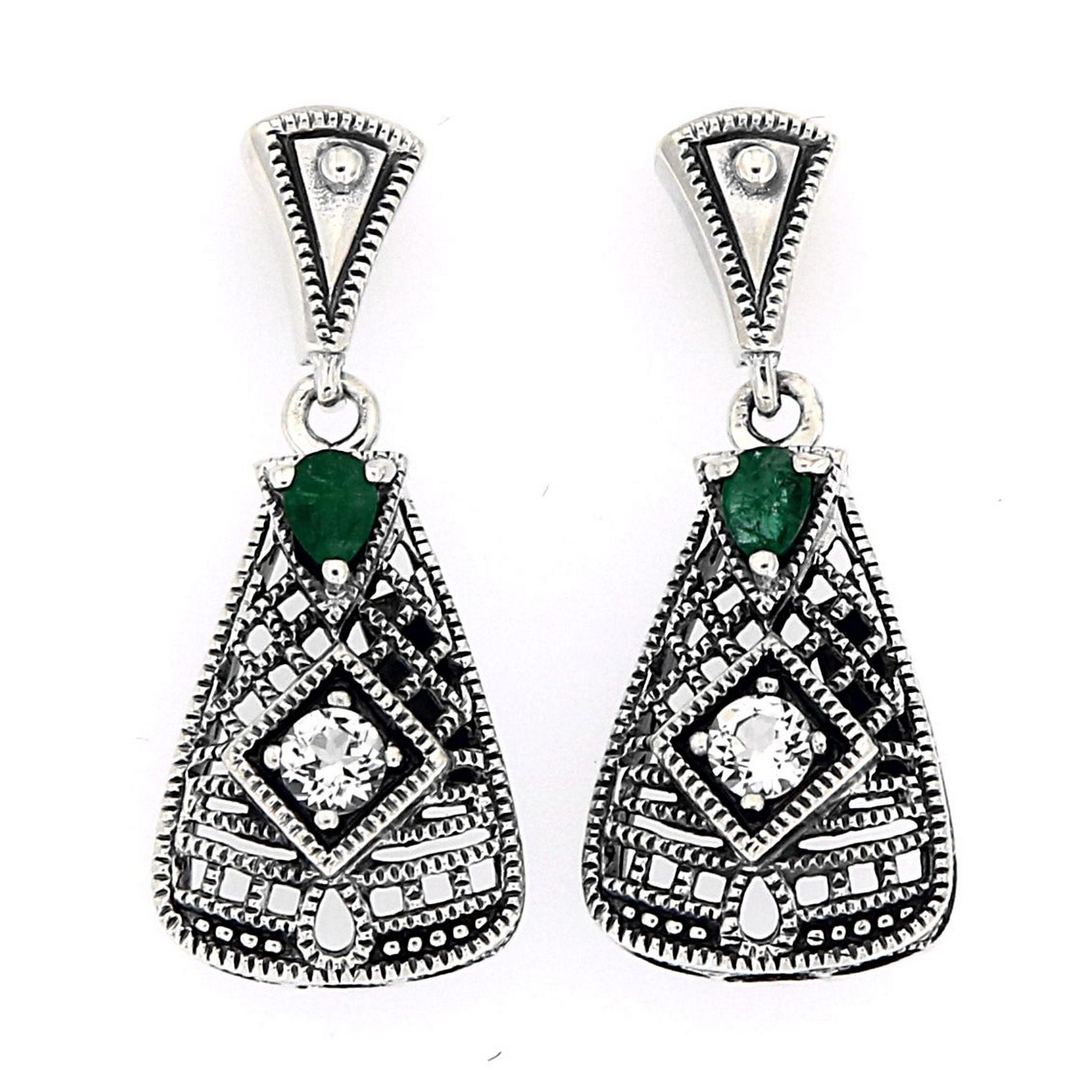 Art Deco trapezoid earrings, pear-cut emerald and white topaz in open filigree lattice, oxidized silver, triangle post