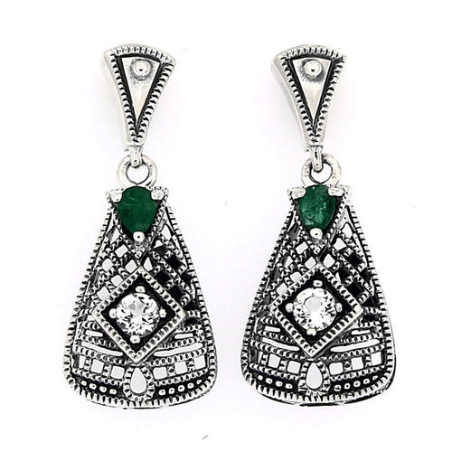 Art Deco trapezoid earrings, pear-cut emerald and white topaz in open filigree lattice, oxidized silver, triangle post