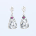 Back view of Art Deco Style Ruby and White Topaz Filigree Earrings showing 925 sterling silver hallmark and French wire hooks