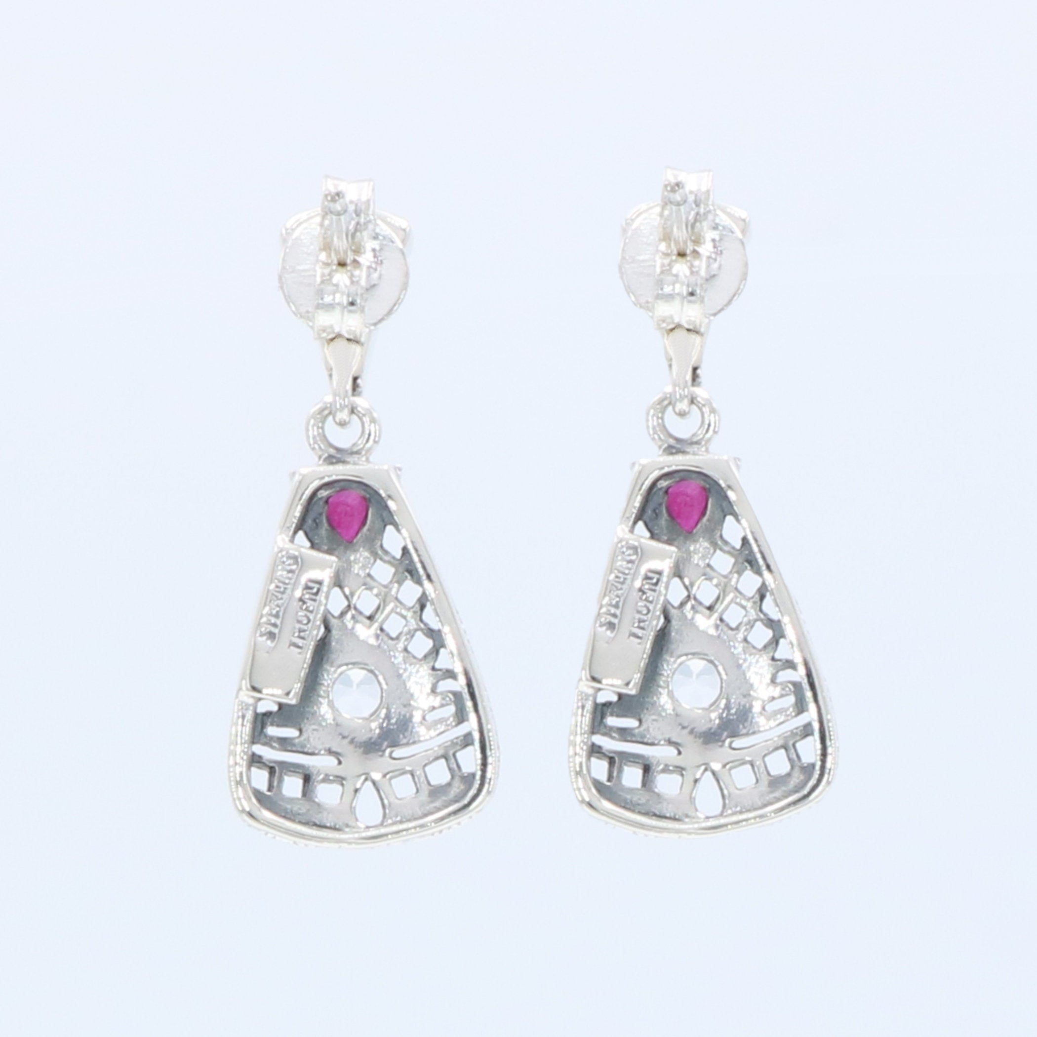 Back view of Art Deco Style Ruby and White Topaz Filigree Earrings showing 925 sterling silver hallmark and French wire hooks