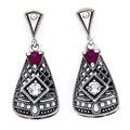 Art Deco trapezoid earrings, round ruby and white topaz in open filigree lattice, oxidized silver, triangle post