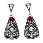 Art Deco trapezoid earrings, round ruby and white topaz in open filigree lattice, oxidized silver, triangle post