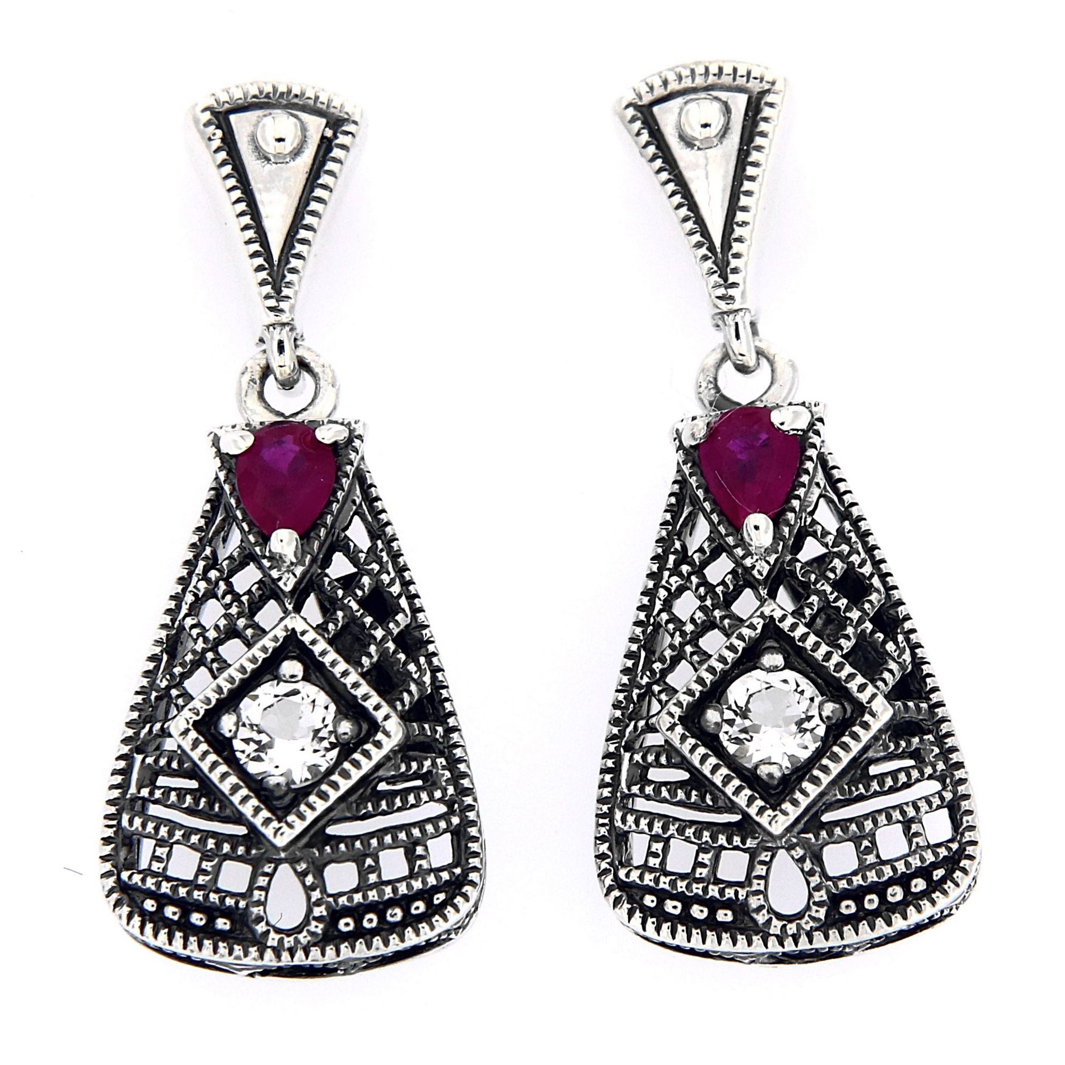 Art Deco trapezoid earrings, round ruby and white topaz in open filigree lattice, oxidized silver, triangle post