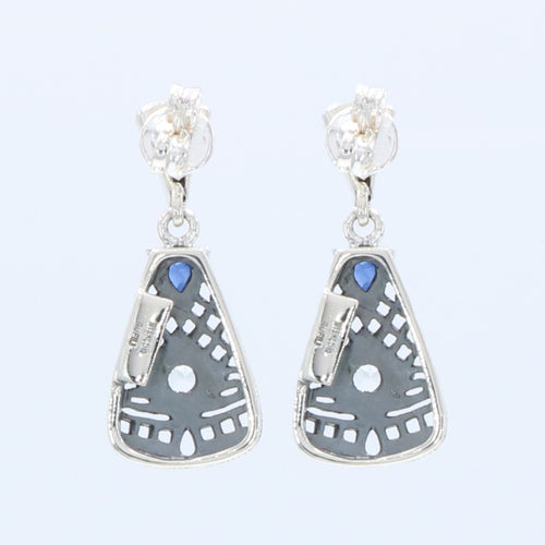 Back view of Art Deco Blue Sapphire and White Topaz Filigree Earrings showing 925 sterling silver hallmark and French wire hooks
