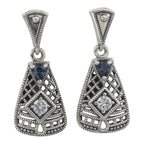 Art Deco trapezoid earrings, pear-cut sapphire and white topaz in open filigree lattice, oxidized silver, triangle post