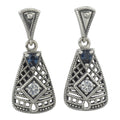Art Deco trapezoid earrings, London blue topaz and white topaz in open filigree lattice, oxidized silver, triangle post
