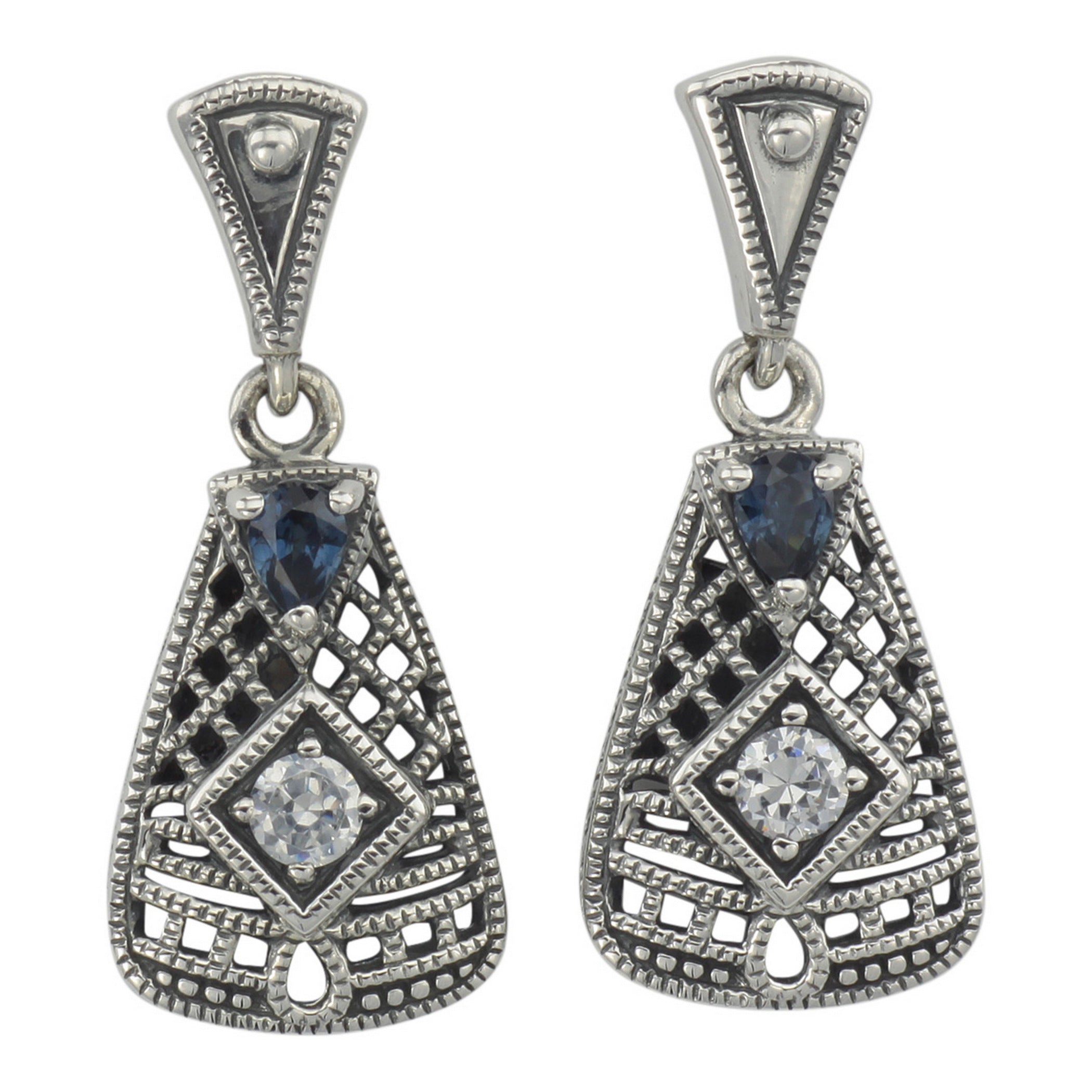 Art Deco trapezoid earrings, London blue topaz and white topaz in open filigree lattice, oxidized silver, triangle post