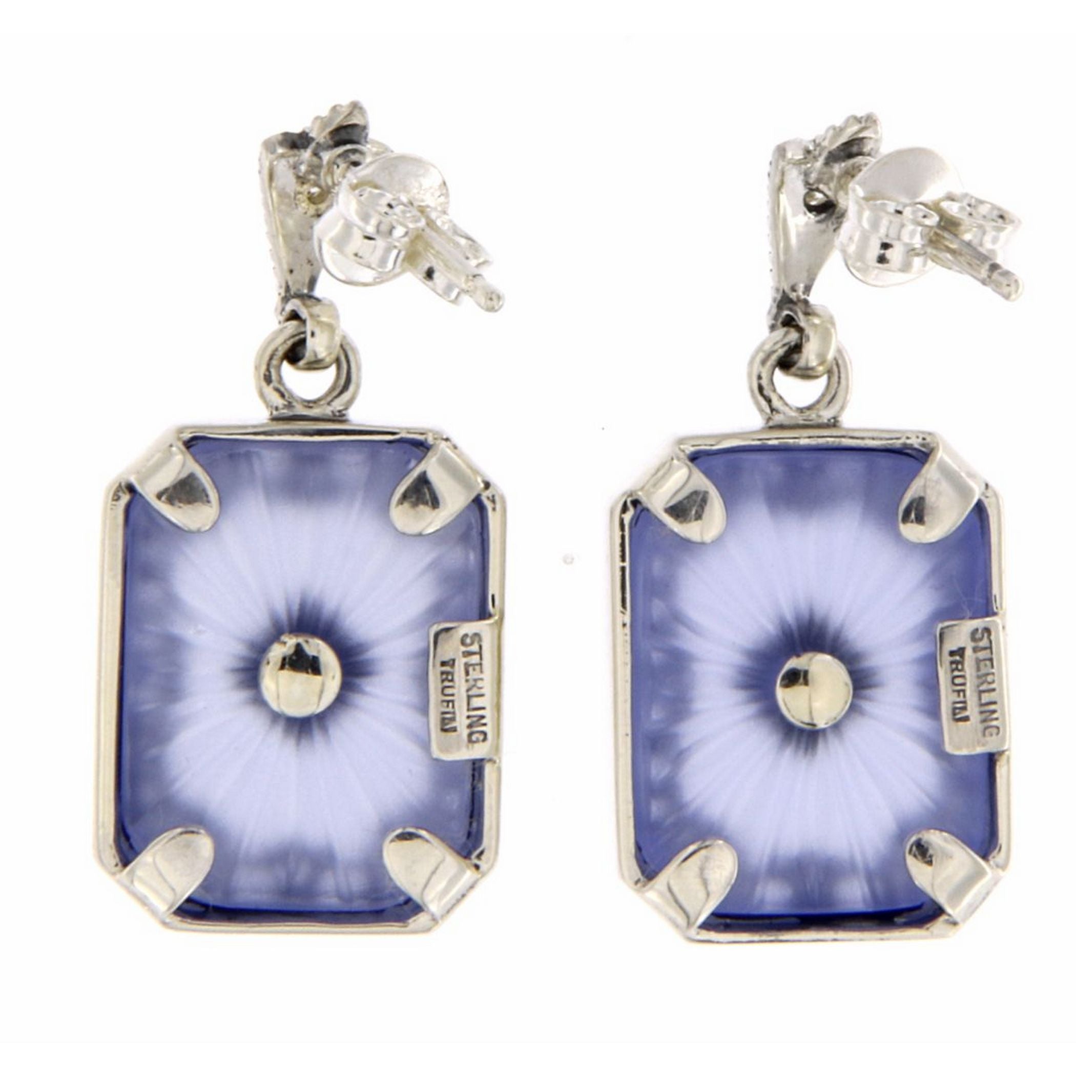 Back view of Filigree Blue Crystal / Sapphire Art Deco Earrings showing 925 sterling silver hallmark and French wire hooks