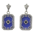 Art Deco rectangular earrings, deep blue glass panel, sapphire center, filigree border, leaf post, sterling silver