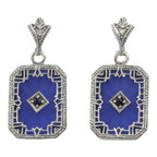 Art Deco rectangular earrings, deep blue glass panel, sapphire center, filigree border, leaf post, sterling silver