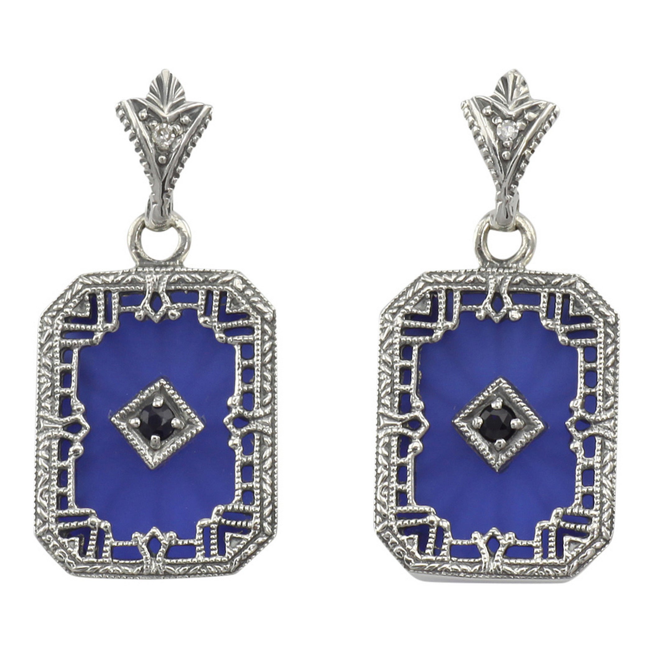 Art Deco rectangular earrings, deep blue glass panel, sapphire center, filigree border, leaf post, sterling silver