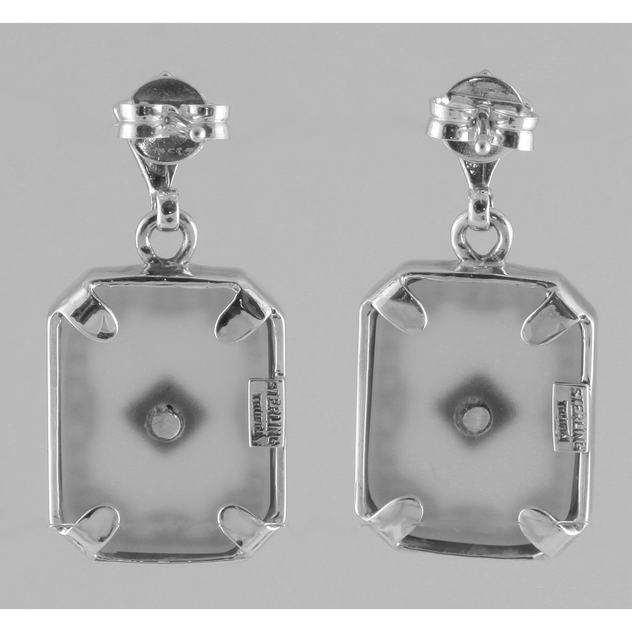 Back view of Art Deco Camphor Glass Sapphire Diamond Filigree Earrings showing 925 sterling silver hallmark and French wire hooks
