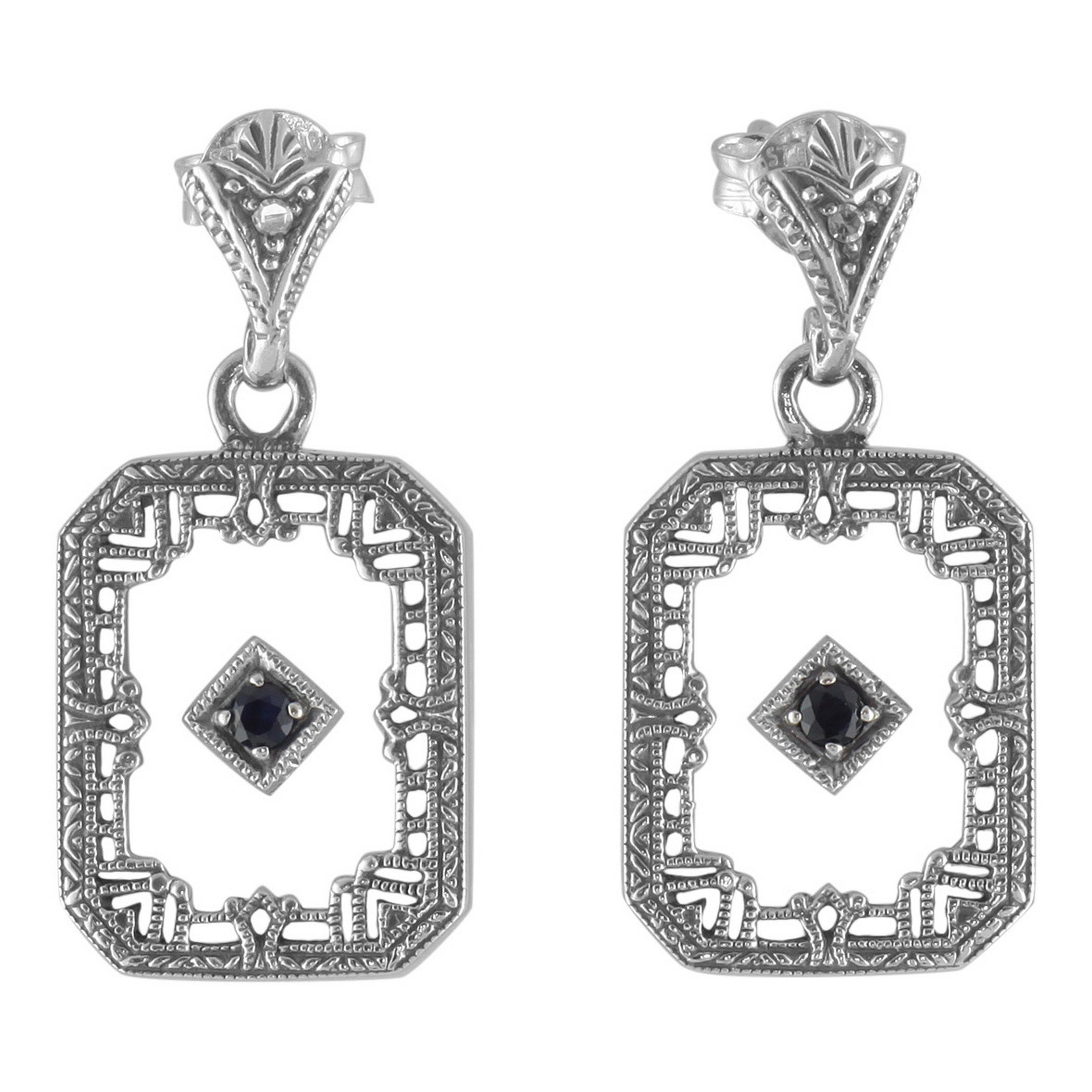 Art Deco rectangular camphor glass earrings, open geometric filigree frame, sapphire center, fan leaf post, sterling silver